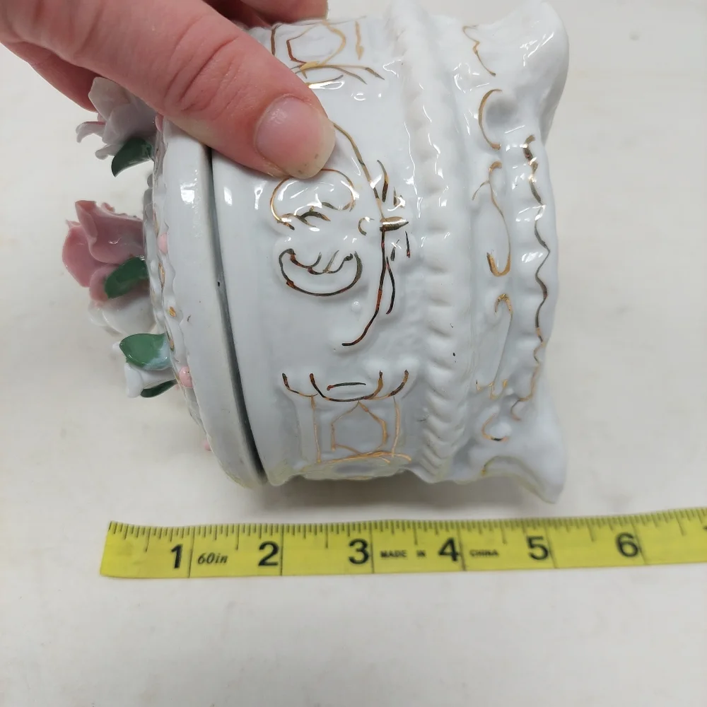 Vintage Floral Trinket Box Porcelain White Pink Roses Jewelry Footed Victorian